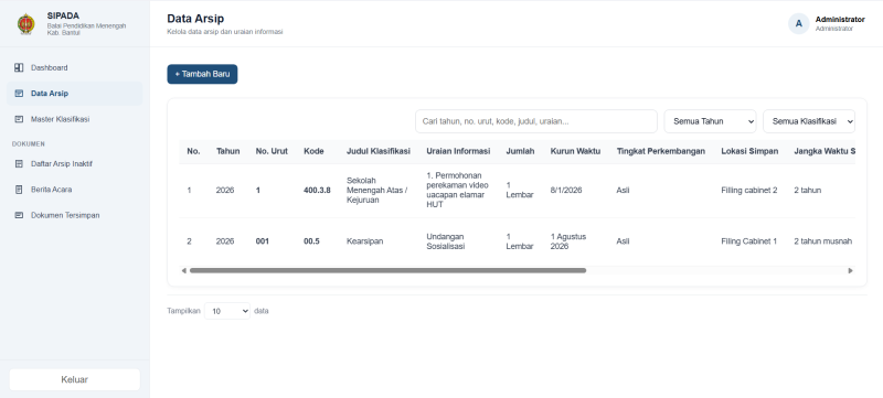 Tampilan data arsip aplikasi SIPADA